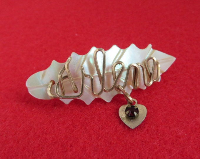 Mother of Pearl Name Brooch, Vintage Carved Shell Brooch, Gold Wire Script "Arlene", Dangling Heart Red Bead Brooch