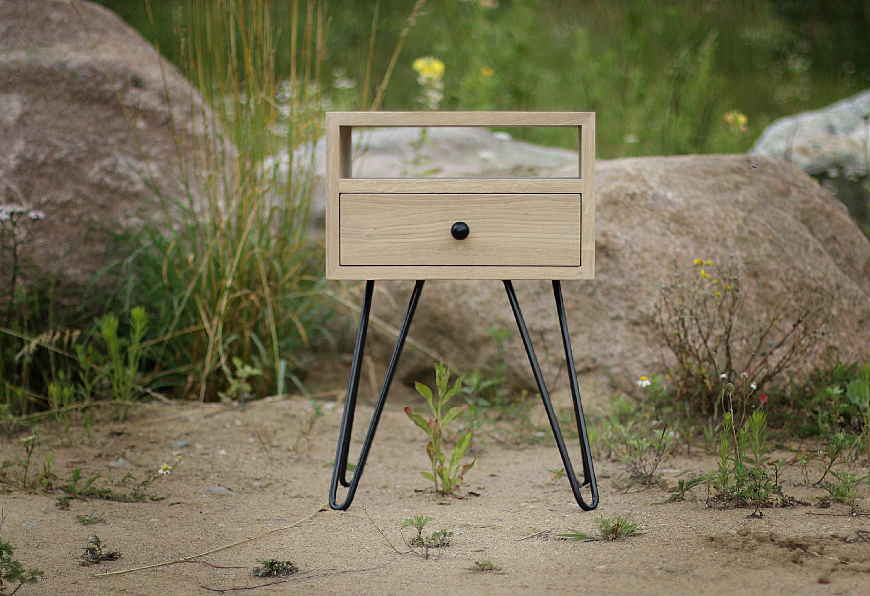 Solid oak bedside table with hairpin Leg Side table with
