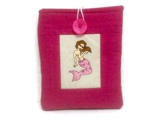 Mermaid gifts, Ipad mini 2 case, embroidery gifts, tablet case, tech accessories, kindle case, kindle sleeve, mermaid tail, pink fabric,