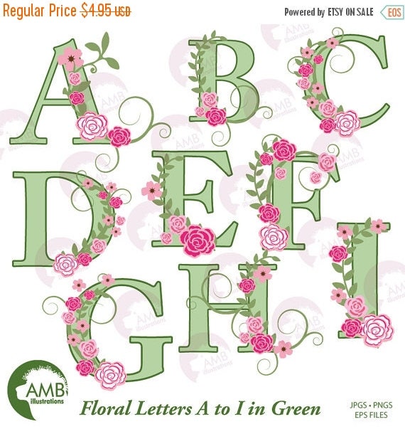 Floral Alphabet clipart, Wedding Floral Letters in Green, Letter ...