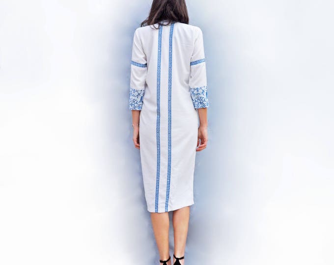 Embroidered Kaftan, Vintage Kaftan, Bohemian Dress, Embroidered Dress, White Cotton Dress, Caftan Dress, Ethnic Dress, Long Sleeve Dress