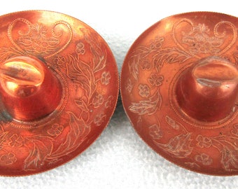 Unusual Pair of Ashtrays, Novelty Ashtrays, Sombrero Hats, Floral Patterns, Copper Trays, Table Ashtrays, Single Trays, Hat Shape, Retro