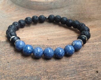 Mens bracelet, Jasper Stonewashed blue, Agate, lava rock 8 mm, silver, stretch