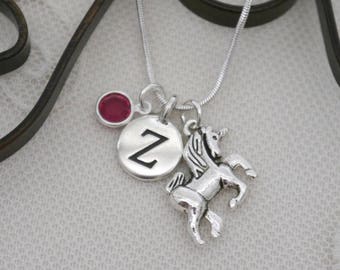 Unicorn Necklace, Unicorn Jewelry Gifts, Personalized Unicorn Necklace, Letter Birthstone, Silver Unicorn Necklace, Fairy Tale Gifts, Custom