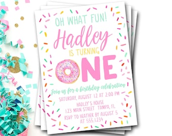 Donut Birthday Invitation, Doughnut Birthday Invitation, Donut Invitation, Pink Donut Invitation, Donut Party, Donut Invite, DIY Printable