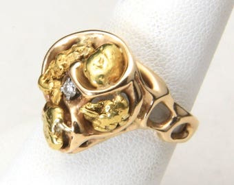 Vintage 14K Yellow Gold 4 Nuggets & Diamond Accent Ring Size 7.5