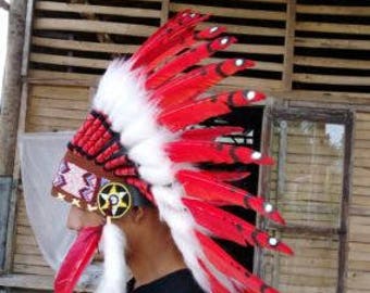 Inspired Indian Headdress - Cool White Red Warbonnet Indian Headgear - Artisan Feather Headdress - Costume Headpiece Native American