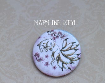 White "kitsune" Fox and cherry badge brooch