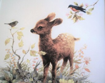 1980 Giordano Lithograph of a Fawn and Birds