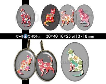 Liberty Cat 2 • 45 Images Digitales OVALES 30x40 18x25 13x18 mm chat silhouette liberty fleurs motifs retro vintage flowers