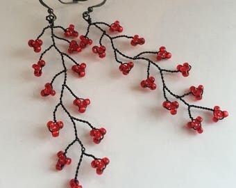 Red earrings, Red Black earrings, Tree branch earrings, black red long branched earrings, red cluster grapes, red flower earrings