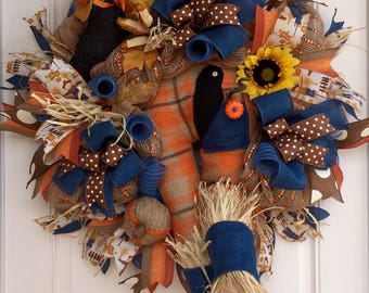 XL Burlap Mesh Fall Scarecrow Wreath, Front Door Wreath, Fall Decor, Halloween, Scarecrow Booty, Rustic Fall Wreath