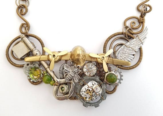 Steampunk Airplane Bib Statement Necklace in Green Adjustable Length #1467 by WireandWings steampunk buy now online