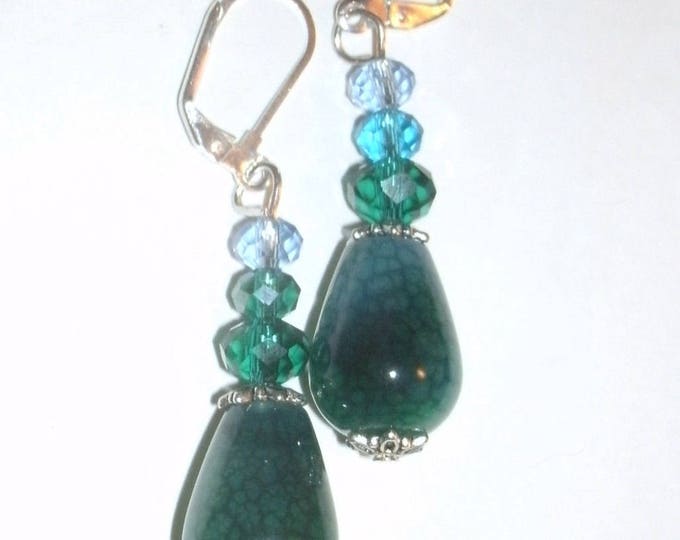 Teal Dragons Vein and Crystal Earrings, silver plated leverback wires, teal, blues, greens, handmade earrings, gift for her, agate & crystal