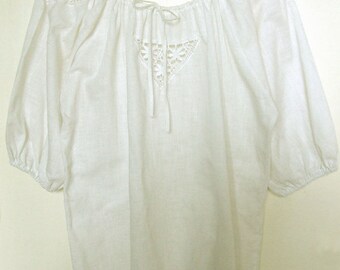 Vintage Austrian German Dirndl Blouse ~ Alpine trachten white cotton crochet inserts drawstring neck off shoulder gypsy top EU 46 UK 16 18