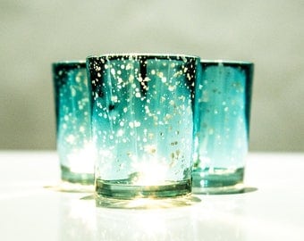 Set of 12 MERCURY Turquoise Speckled Glass Candle Holders Votive Holder Led Candleholder Tea Light Wedding 2.5 Winter Christmas