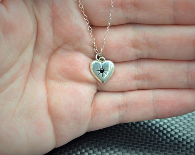 Silver Heart Necklace, Black Heart, Black Spinel Necklace, Black Spinel, Black Stone, Dainty Necklace, Natural Black Spinel, Tiny Heart