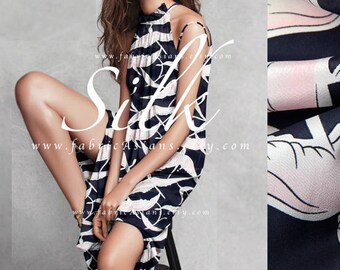 Buy Printed silk bird fabric navy blue silk crepe by the yard - achat crepe de soie au metre