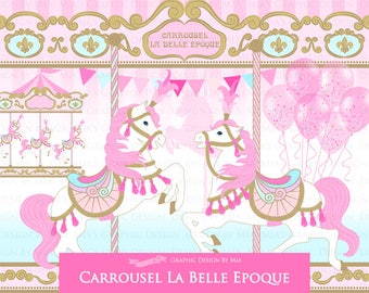 Carousel / Pink Carousel / Carrousel La Belle Epoque Clip Art - Instant Download - CA152