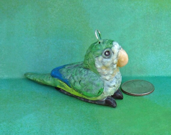 Hand-sculpted One-of-a Kind Sally Blanchard's Tongue-in-Beak Collectible Miniature Quaker Parakeet Parrot Christmas Tree Ornament