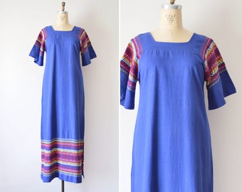 Guatemalan Dress, 70s Maxi Dress, Blue Cotton Dress, Vintage Caftan M L, Embroidered Mexican Dress, Bell Sleeve Dress // 1970s Boho Hippie