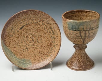 pottery communion ware, ceramic chalice and paten set, common cup