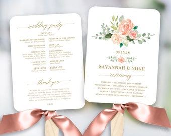 Peach Blush Floral Wedding Program Fan Template, Printable Fan Wedding Programs, DIY Wedding Fans, Editable text, Peach Gold