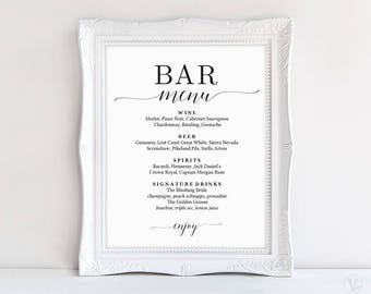 Bar Menu Sign, Printable Bar Menu Sign Template, Wedding Bar Menu Sign, DIY Printable Wedding Sign