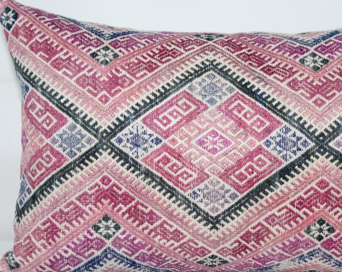 20% OFF SALE 12"x20" Pink Vintage Chinese Wedding Blanket Lumbar Pillow Cover/ Boho Ethnic Dowry Textile/ Handwoven Cotton Silk Cushion