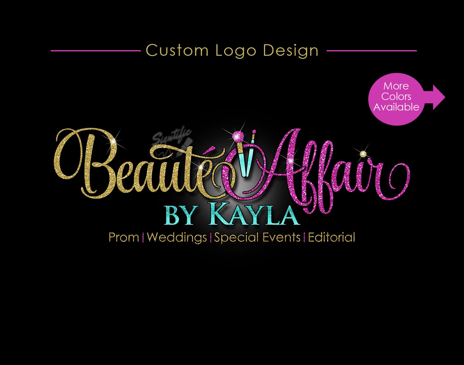 Glitter bling Makeup Logo, Custom Glitter Gold and Fuchsia Logo with