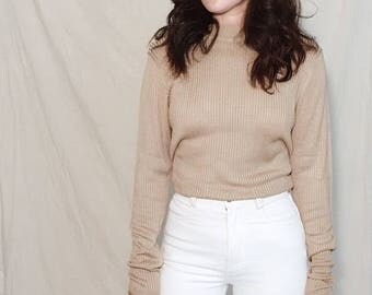RIBBED SILK SWEATER // Vintage 90s Minimalist 100% Silk Pullover Mockneck Sweater Gold Tan Neutral Size S-L