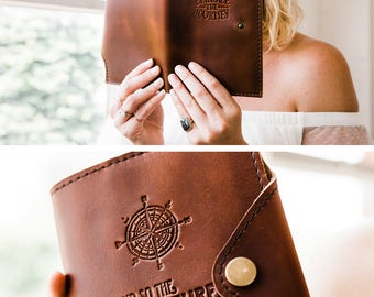Huge SALE 50% OFF Refillable Leather Snap Journal... Compass- And So the Adventure Begins -- Handmade in Portland, OR
