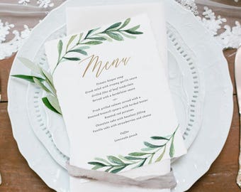 Greenery Wedding Menu Template • Printable Menu • Vintage Florals Wedding • Botanical Wedding • Word or Pages • MAC or PC