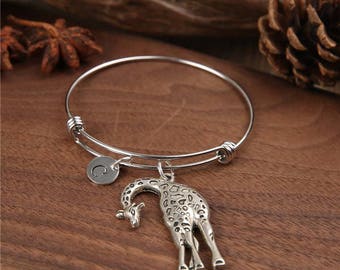 Giraffe Bangle, Giraffe Bracelet, Charm Bracelet, Adjustable Bangle, Expandable Personalized Bangle, initial bracelet, Birthstone bracelet