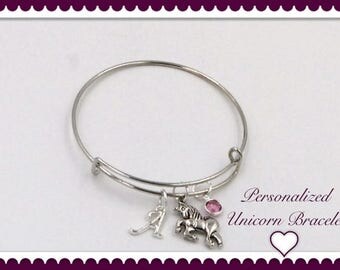 Unicorn Bracelet, Women's and Girls Unicorn Bangle Charm Jewelry, Silver Birthstone Bangle Bracelet, Personalized Unicorn Bracelet Gifts