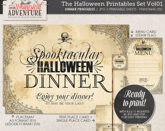 Halloween Event, Printable Dinner Party Decor, Gothic Style, Instant Download, Digital Collage Sheet, Menu, Place Card, Placemat, Straw Flag