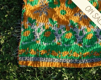 KARMA - bohemian bedding KANTHA quilt twin COVERLET bed spread / bright colourful Indian throw / vintage sari picnic rug blanket