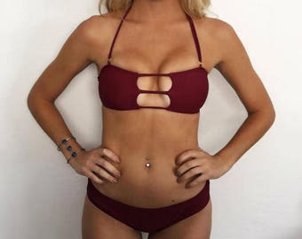 Small "Maverick" Maroon Strappy Low Rise Brazilian Bikini Set (2 Piece Set)