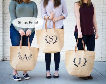 Set of Personalized Bridesmaid Tote Bags | Monogrammed Bridesmaid Gift | Rustic Burlap Tote Bags | Wedding Bridal Party Totes | Set of 8