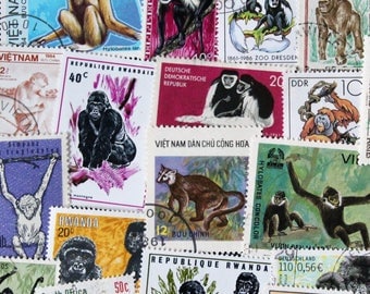 FREE SHIPPING ; 25 Colorful Vintage Worldwide Monkey postage stamps for collecting, crafting, scrapbook pages, collages etc.