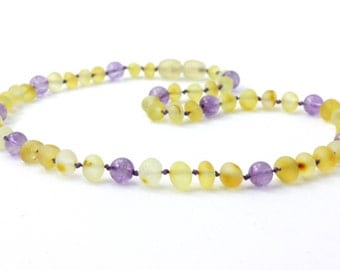Baltic Amber Teething Necklace, Raw Lemon mixed with Amethyst Gemstone Beads, Available in 11-14.9" Length, Baroque Baltic Amber Beads
