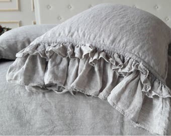 100% Frill Linen Pillow Sham Stone Washed Organic Pillowcase with ruffles Linen Pillow Sham Standard Queen King Euro size Pre Washed linen
