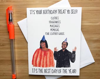 Parks and Rec Birthday Card, Treat Yo Self, Aziz Ansari, Parks and Recreation, Ron Swanson, Chris Pratt, Lisa Knope, Funny Birthday Cards