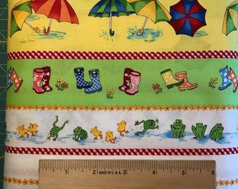 Umbrellas, Frogs, Rubber Boots on White and Yellow Background, Puddle Jumpers, Red Rooster, 100% Cotton