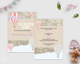 Hot Air Balloon Baby Shower Invitation, Vintage World Travel Theme Shower, Gender Neutral Boy Girl, Baby Sprinkle, Couples Shower, DIGITAL