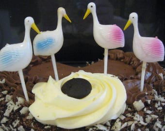 One Dozen 12 BABY SHOWER STORK Cupcake Pick 2.75" Pink or Blue, Hard Molded Plastic Vintage 1960s Craft, Altered Art Cake Decoration 310