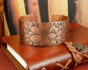 Etched copper cuff, etched copper bracelet, copper bangle, statement bracelet, statement jewellery, hand drawn pattern