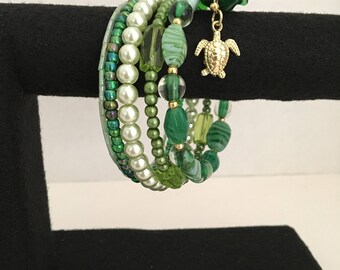Green with Envy Sea Turtle Memory Wire Bracelet