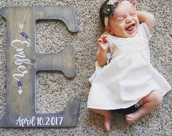 Baby Name sign, Name with arrow, Baby gift, Baby stats, nursery decor, Baby Girl Nursery, Large wooden letters, kids name sign, Established