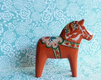 1960s Swedish Dala Horse - Handmade in Sweden - Orange and Red Colours - Scandinavian Folk Art - Dalahasten